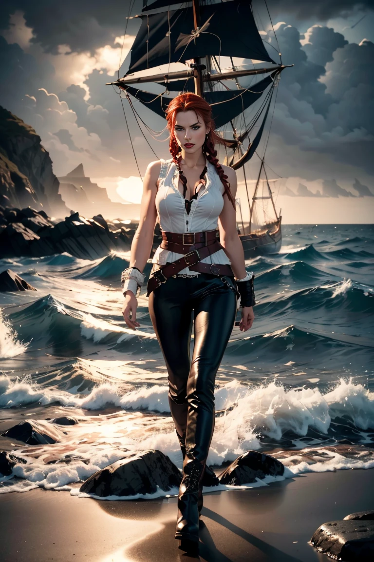 Pirate Queen, braided red hair with sideburns, blue eyes, red lips, big breasts, broad athletic shoulders, slim waist, long shapely legs, gloomy gaze, white baggy-new shirt, black leather vest, brown leather pants, wide brown belt, brown high boots , standing on a rocky shore of a beach looking at the sea, night, dark, stormy sea, fog, dark clouds, a 17th century masted ship in the distance, dramatic mood, Hollywood movie style