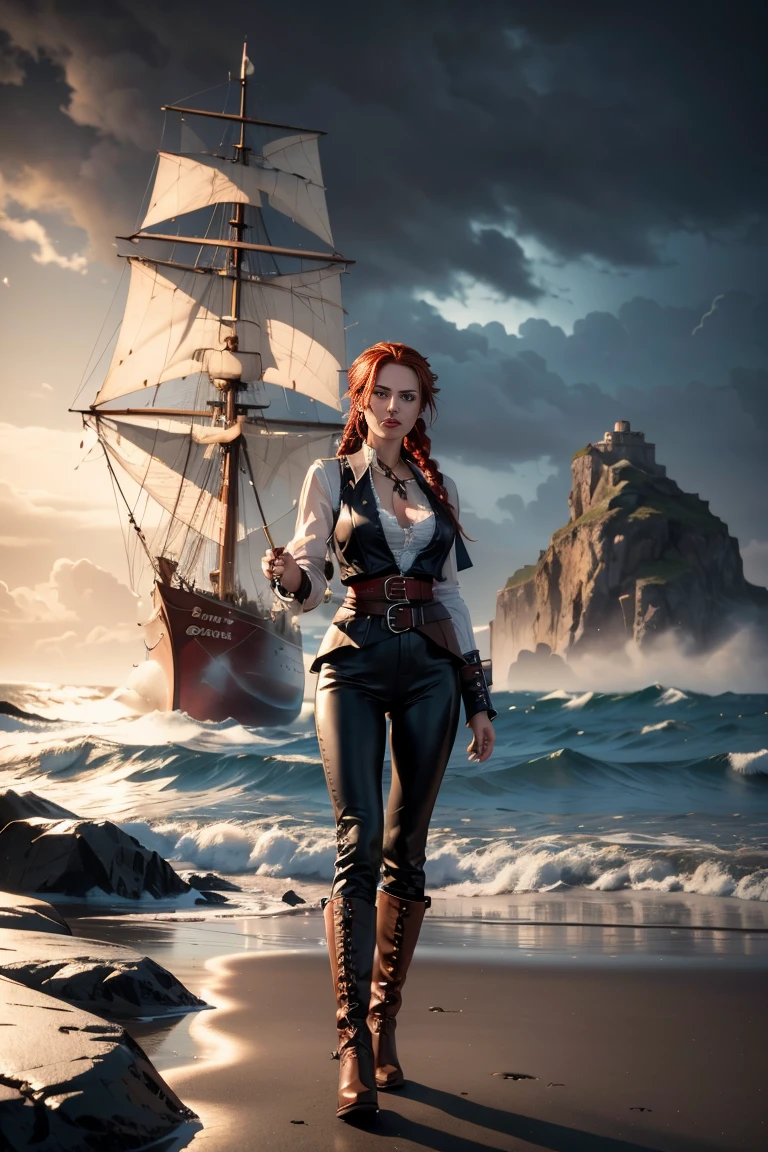 full body Pirate Queen, braided red hair with sideburns, blue eyes, red lips, big breasts, broad athletic shoulders, slim waist, long shapely legs, gloomy gaze, white baggy-new shirt, black leather vest, brown leather pants, wide brown belt, brown high boots , standing on a rocky shore of a beach looking at the sea, night, dark, stormy sea, fog, dark clouds, a 17th century masted ship in the distance, dramatic mood, Hollywood movie style foto realistic high quality high resolution 3d effect unreal engine image
