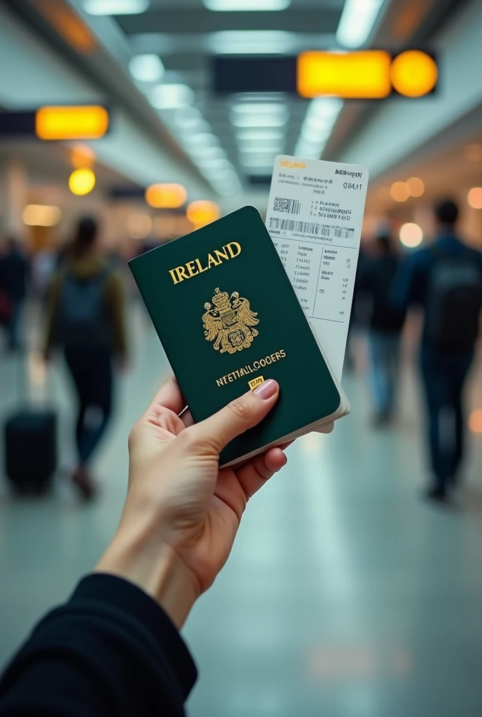 Hand holding Ireland passport with boarding pass with airport boarding area background