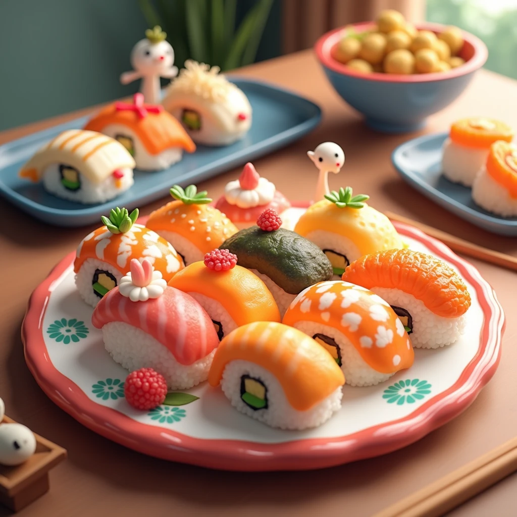 A plate of delicious salmon sushi and kimbap on the table，Japanese-style，Korean，Disney cartoon style，3D Style，