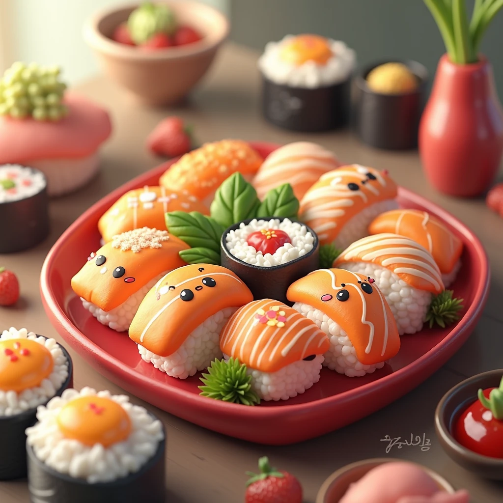 A plate of delicious salmon sushi and kimbap on the table，Japanese-style，Korean，Disney cartoon style，3D Style，