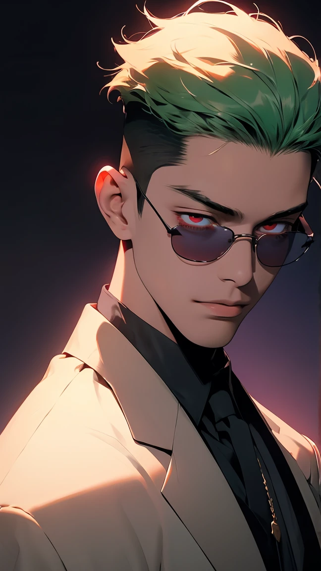 highest quality, 8K, high resolution image, anime style Jujutsu Kaisen, detailed strokes, bored look, blurry, purple light is reflected from it, 1 man, male, 27 year old man, handsome guy, cool guy, strong man, trained body, trained shoulder, multicolored background with various geometric shapes, around stickers, muscular, neon green hair, red eyes, short hairstyle: undercut, puffy chest. he wears a suit with golden details, a white shirt with collar, shirt with open collar and link necklace, sunglasses , shaved body, hand in his pocket, gold link chain, background: Big hall, VIP event, fundraising gala