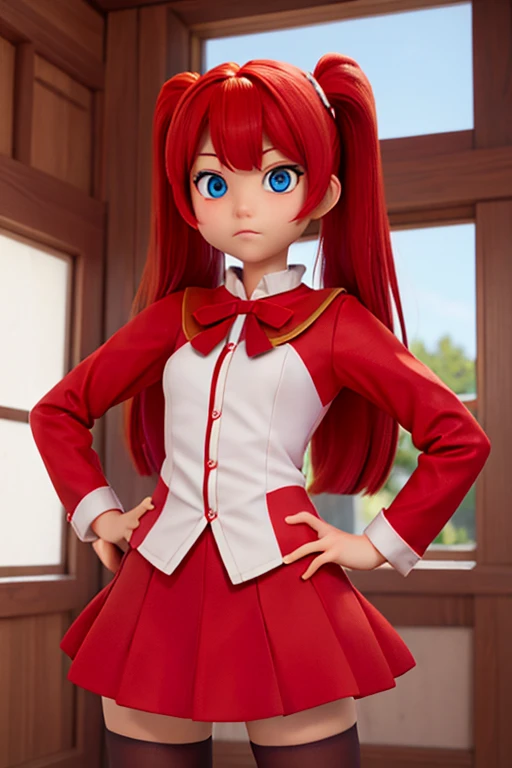 female、16age、Red tights all over、Red Hair、Twin tails、Aroused expression、blue eyes、