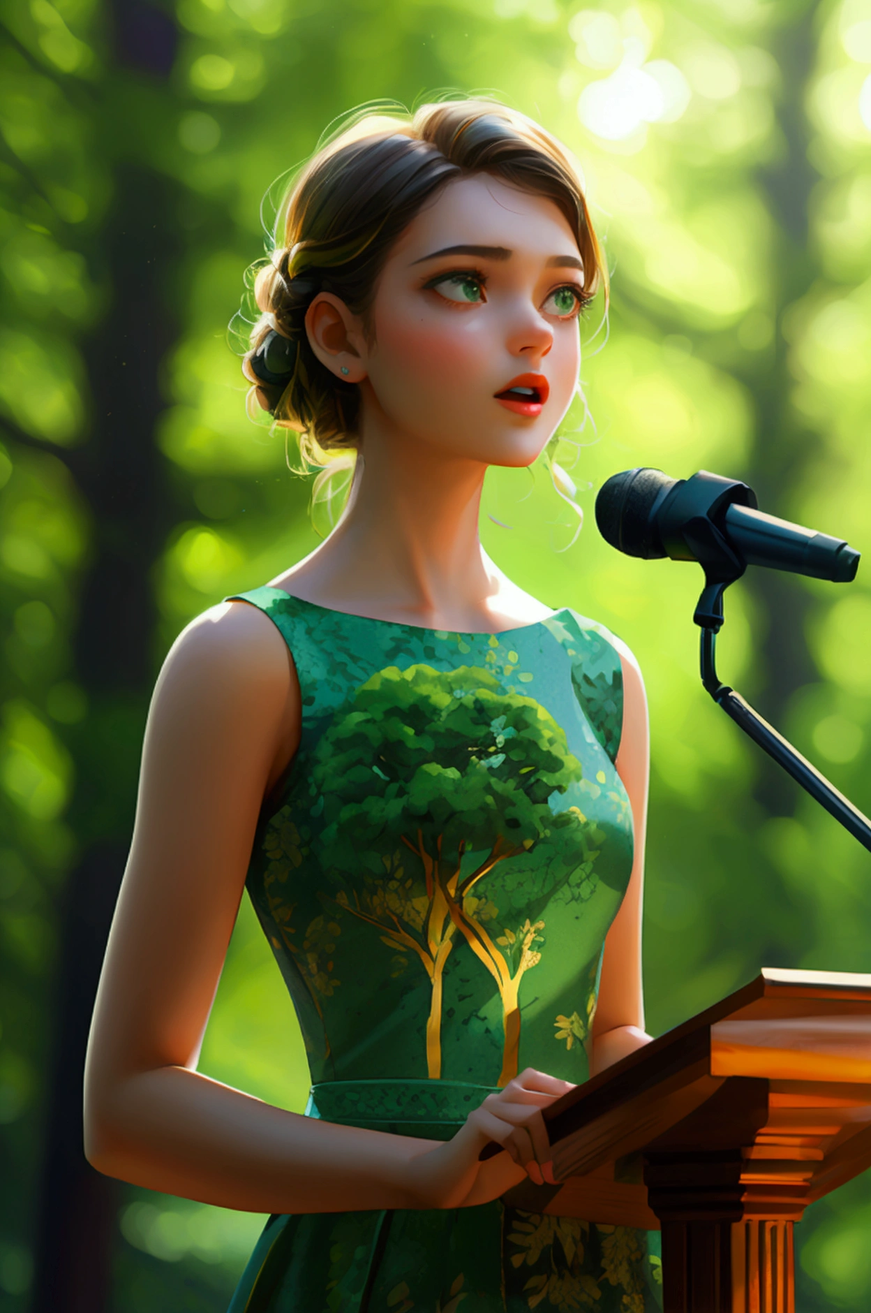A girl standing at a podium, passionately speaking about the benefits of  green trees, full girl