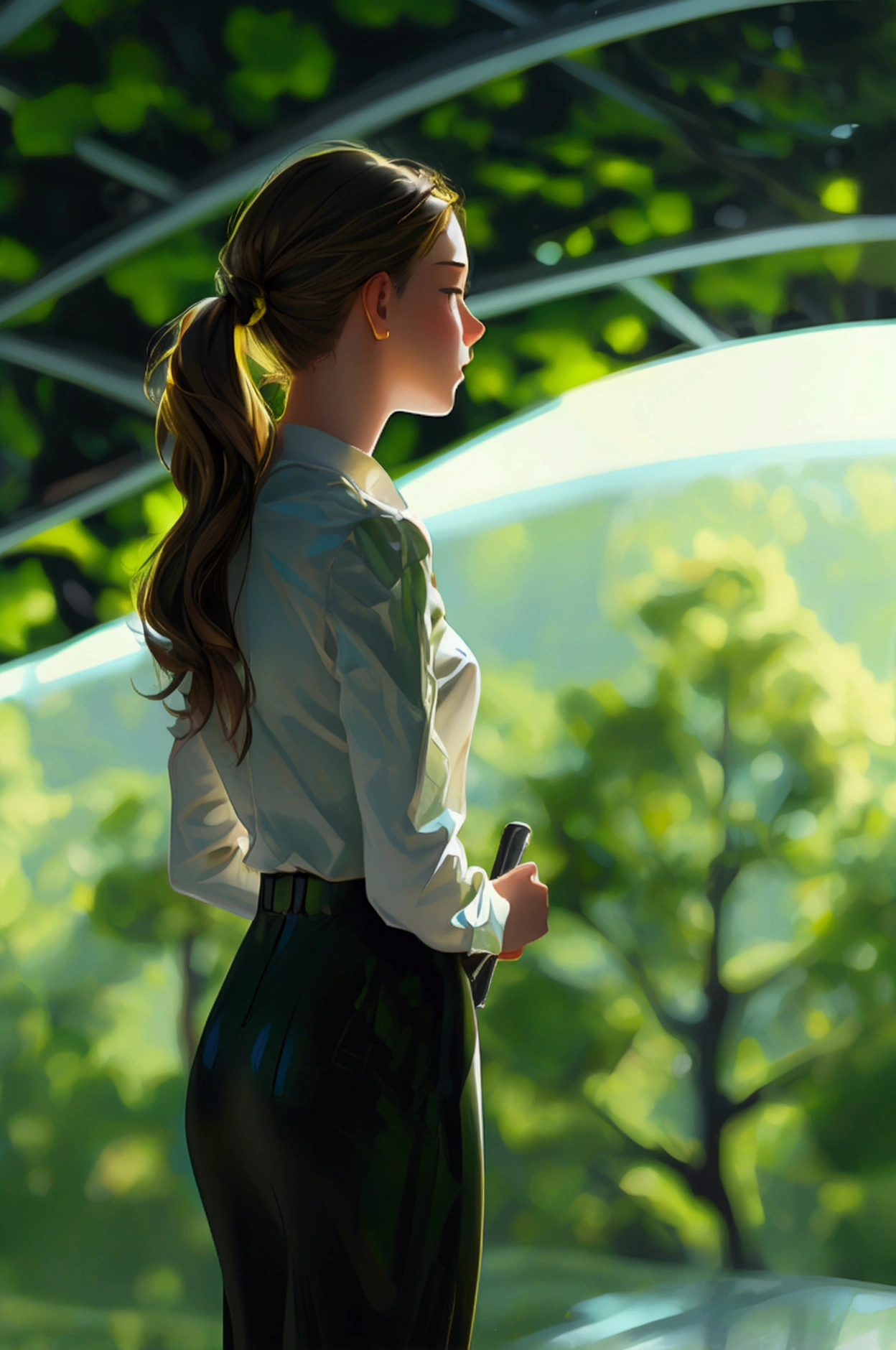 A girl standing at a podium, passionately speaking about the benefits of green trees, full girl