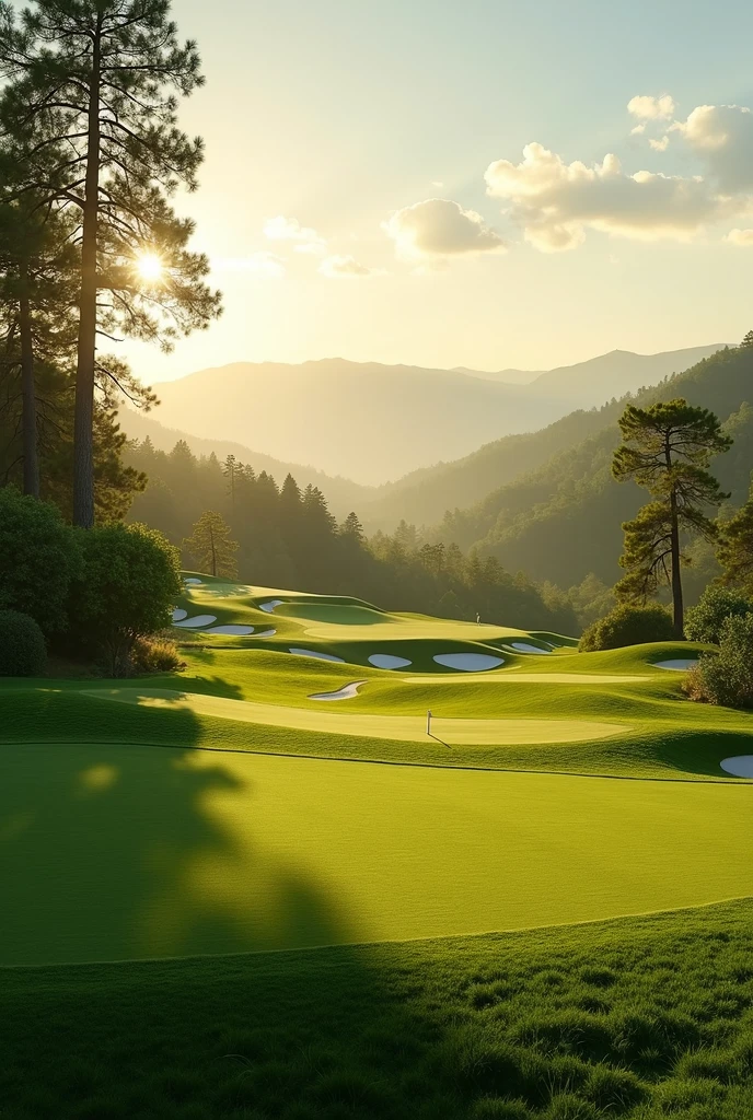 Overlooking the golf course，There are trees around, perfect green fairway, Golf course in the background, royal green and nature light, Camelot GC, Top quality，High image quality，masterpiece，Sony A7 shooting，Photography Masterpieces，Use 24-300mm1.6 shots of flat grass，Extending to the distant horizon, there are mountains and sky，The grass takes up more than half of the picture，raw,, breathtaking composition, Stunning footage, green pastures stretch for miles, Natural morning light, Shoot in the morning, Perfect view, grass landscape, Prime hour in the morning, Dramatic warm morning light