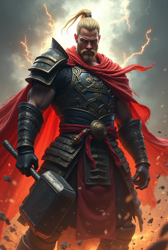 Man in samurai armor, blonde, facial hair, samurai helmet, hammer, red cape, lightning