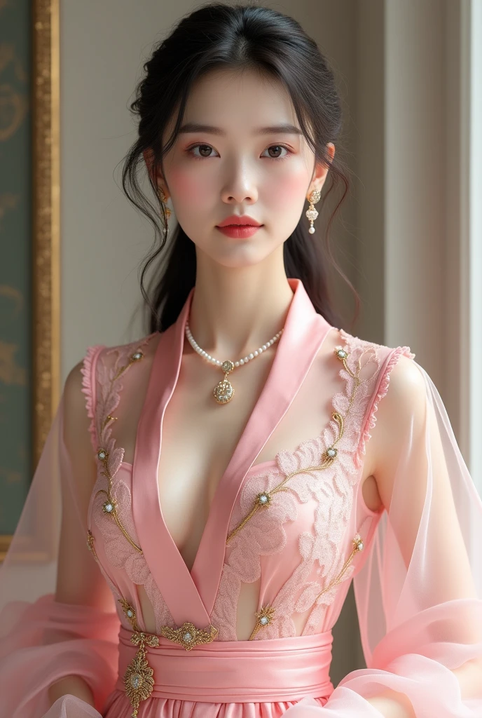 Elegant mature young woman wearing pink tatoe。Full body front view、Asian、The skin is relatively white、Luxurious clothing、Silky transparent lace on the clothes、Gold wire trim、Jewelry decoration、A pearl necklace hangs around her neck。
