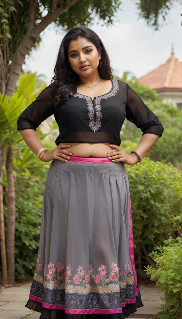 Day scene, A radiant, full-figured South Indian 35 year old aunty a gray colour chiffon mini skirt and black chiffon shirt, standing, in a garden captured in a full-body image with vibrant hues and meticulous details. Full body image