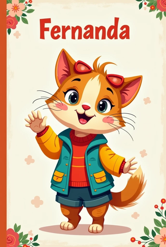 Create a flipbook cover Add Fernanda's name to the cover at the top center of the title.
adding a domestic female animal that is animated with clothes but is not fictional and is colorful.