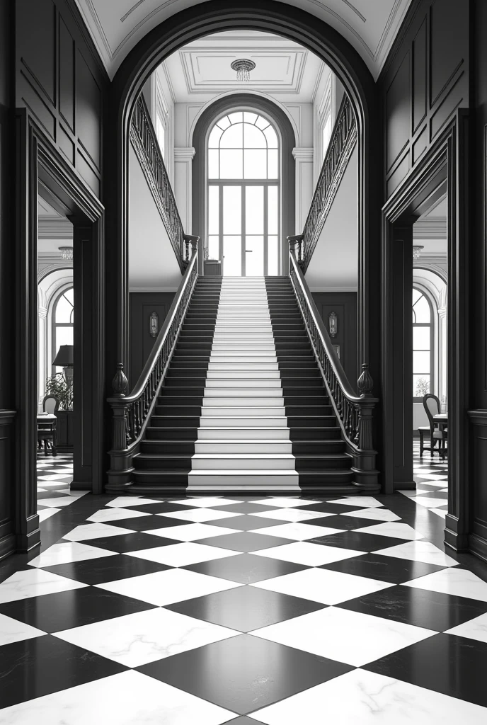 Black and white checkered floors leading directly to the black grand staircase large enough to fit a piano through sideways and flow of into the living room