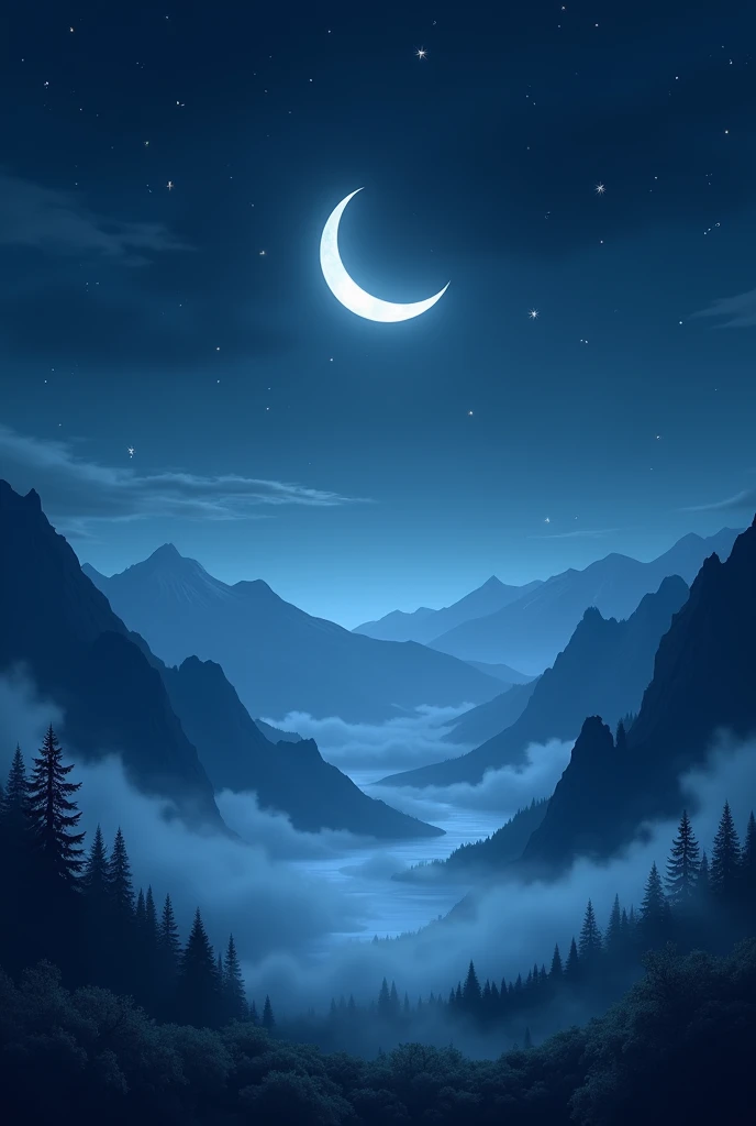 Crescent moon in the sky、There are clouds and mountains in the background, Moonlit Night dreamy atmosphere, Beautiful moonlight night, Moonlit Night sky, Beautiful moonlight, Moonlight Background, Beautiful moonlight, Moonlit Night, Crescent moon in the background, Moonlit Nightscape, night sky with moon, Moonlight at night, Moonlit Sky, ✨🕌🌙