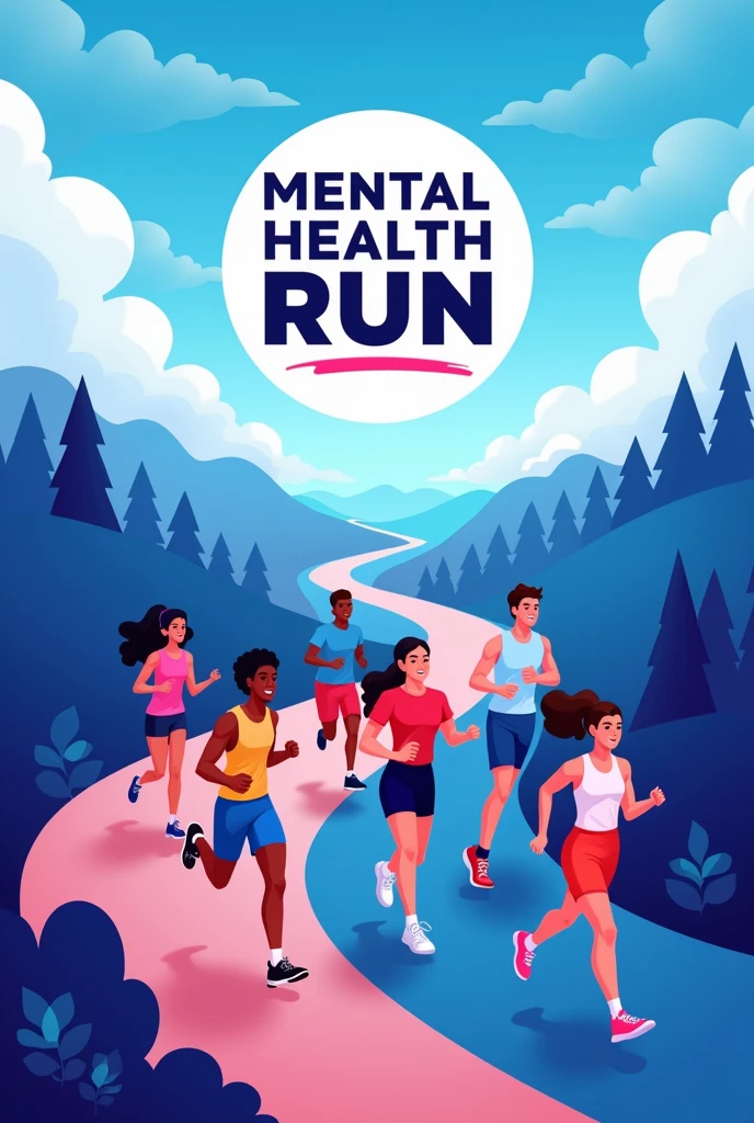 Create a backdrop for ‘mental health run’. Main colors are blue and purple. Include people running. And a logo
