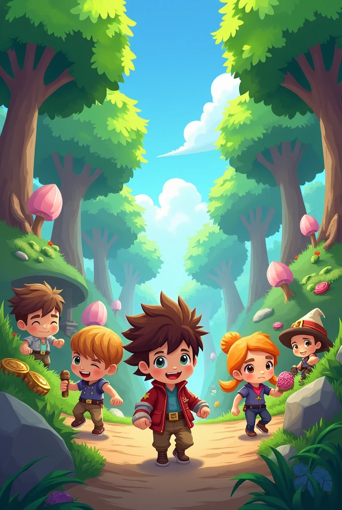 A group of cartoon characters in a forest, mobile game art, cover art for a new video game, adventure island, maplestory treasure hunter, game illustration, game art, 2d game fanart, maplestory character art, background art, mobile game, hero 2d fanart artsation, indie game concept art, 2d game art