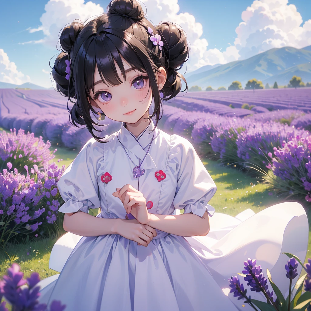 A chibi child girl had a small face and wearing a white little tourist priest’s outfit, a pair of big round eyes shone with curiosity about him. This child was so cute, her hair is black with buns on her hair. Small chibi , chibi baby, smiling , chibi.
Stroll among the purple lavender fields , There are some floating clouds.