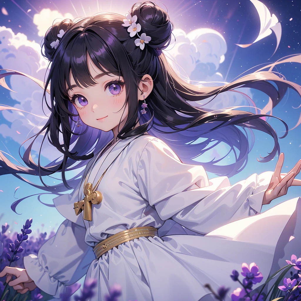 A chibi child girl had a small face and wearing a white little tourist priest’s outfit, a pair of big round eyes shone with curiosity about him. This child was so cute, her hair is black with buns on her hair. Small chibi , chibi baby, smiling , chibi.
Stroll among the purple lavender fields , There are some floating clouds.