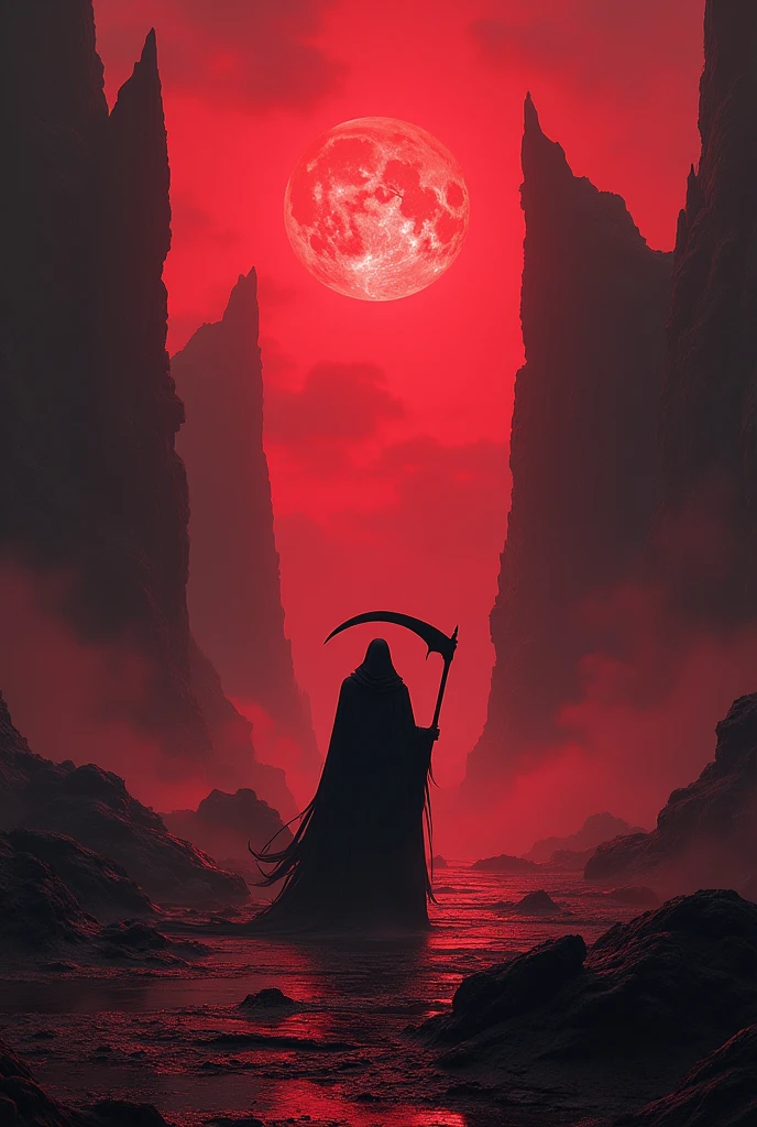 Create a perfect image for domain expansion: crimson purgatory. The details should be dark that can able shook the ground and able to shake your soul. Without a demon and have black figure with a scite at the back
