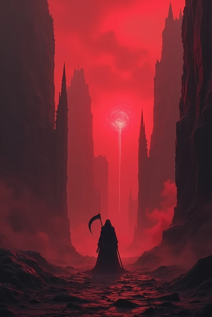 Create a perfect image for domain expansion: crimson purgatory. The details should be dark that can able shook the ground and able to shake your soul. Without a demon and have black figure with a scite at the back