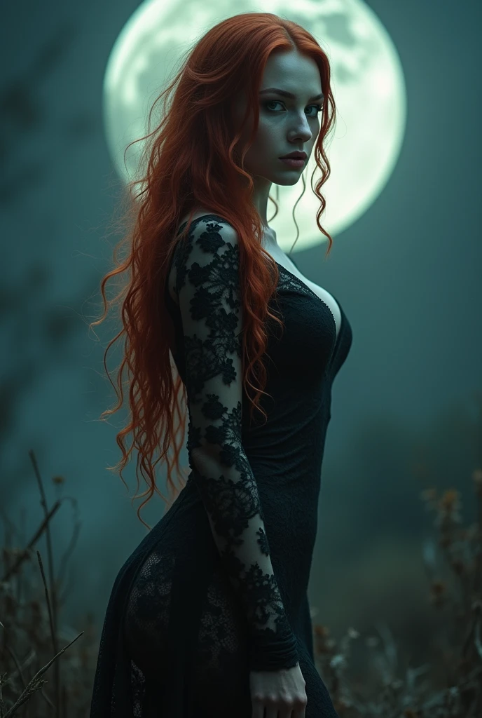 NFSW realistic photo of a woman, with super long straight and messy RED hair , wearing a sheer lace dress with a high slit, wonderful legs, huge breast, hairy pubis, vampire beauty, full moon background, Gothic style, at night, moonlight, glowing skin, pale skin, cinematic effect, smoky, Unsettling, full body shot, exudes beauty and power, holographic glow on skin
