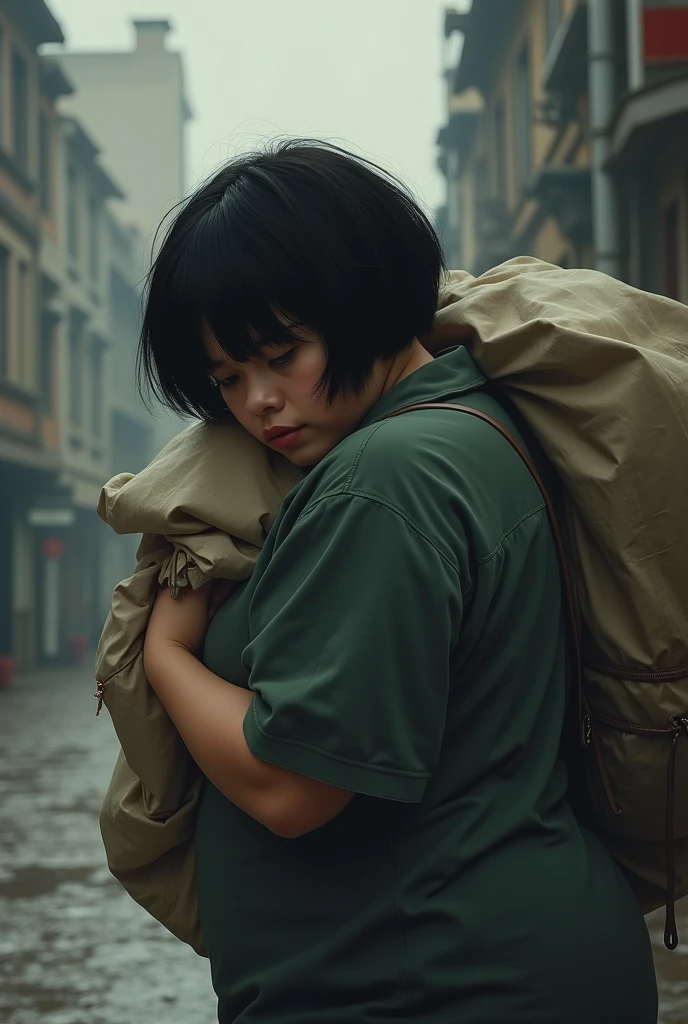 A woman with a short black hair with a heavy burden problems carry back view chubby