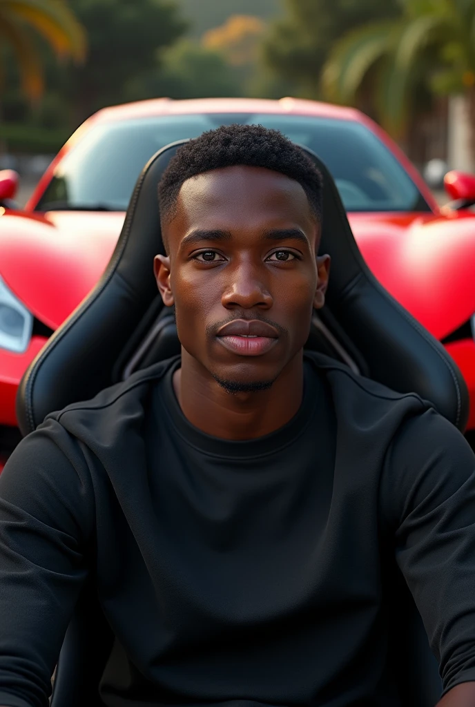 Young black man sitting in a gaming chair, with luxury cars with 2 Ferraris behind looking at the camera, front view of a young man; Make a boy of about 23 years old, realistic, he is black, he is wearing a black sweatshirt, short and straight hair. He is looking straight ahead, close to the camera lens.