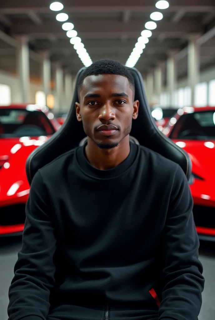 Young black man sitting in a gaming chair, with luxury cars with 2 Ferraris behind looking at the camera, front view of a young man; Make a boy of about 23 years old, realistic, he is black, he is wearing a black sweatshirt, short and straight hair. He is looking straight ahead, close to the camera lens.