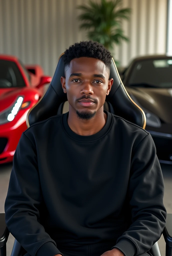 Young black man sitting in a gaming chair, with luxury cars with 2 Ferraris behind looking at the camera, front view of a young man; Make a boy of about 23 years old, realistic, he is black, he is wearing a black sweatshirt, short and straight hair. He is looking straight ahead, close to the camera lens.