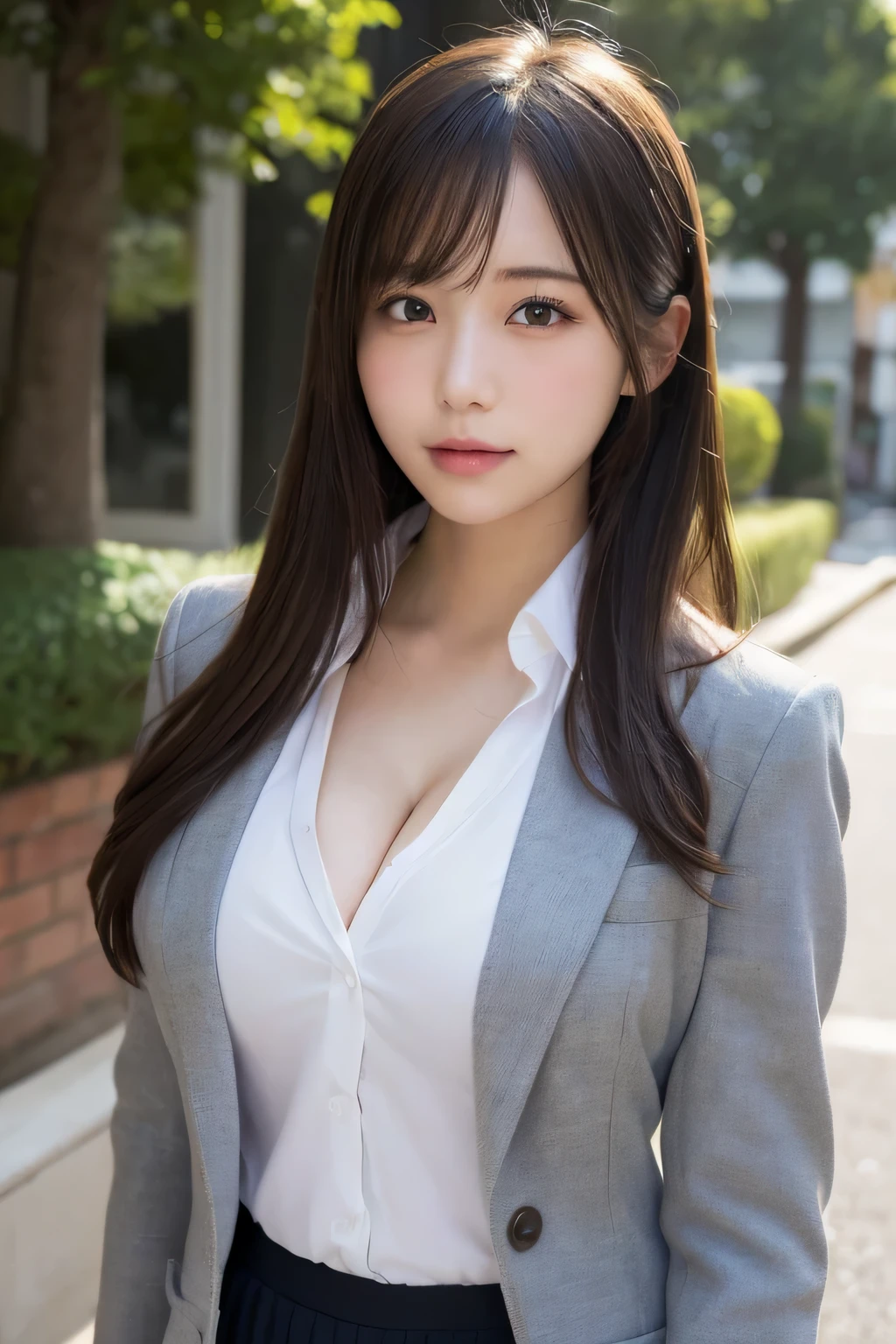 masutepiece, Best Quality, Illustration, Ultra-detailed, finely detail, hight resolution, 8K Wallpaper, Perfect dynamic composition, Beautiful detailed eyes,  Natural Lip,Blazer ,School uniform, cleavage, Full body, 大きな胸, 