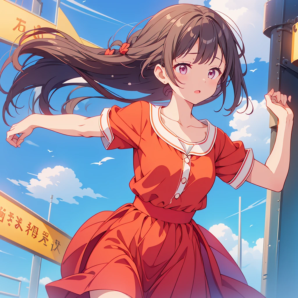 1girl,An elementary school student wearing a red dress has her hair slicked back by a strong wind、