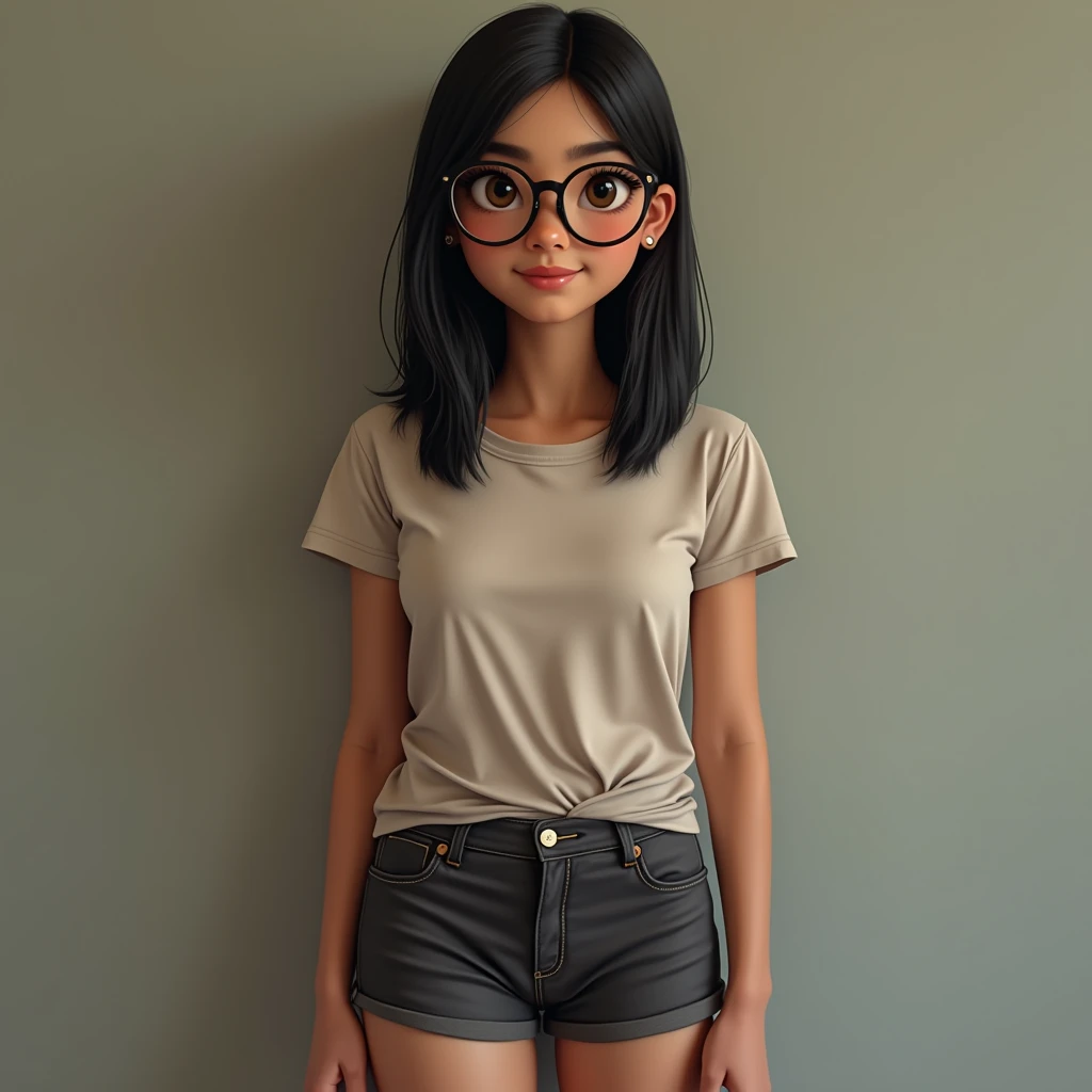 A hyper-realistic full-body photo of a young Mexican woman standing at 1.50 meters tall with a slim build. She has straight, shoulder-length black hair and large, round glasses that accentuate her expressive brown almond-shaped eyes. Her skin has a medium-brown tone, typical of many in Mexico, with a natural, healthy glow. She is dressed in casual attire, featuring a simple, neutral-transparent t-shirt, paired with dark, fitted shorts and knee-high socks. Her posture is relaxed yet upright, conveying a blend of shyness and friendliness. Her face has soft, delicate features, including an oval-shaped face and thin lips, with a calm, gentle expression. The setting and lighting are natural, highlighting the realistic texture of her skin, the fabric of her clothing, and her overall appearance