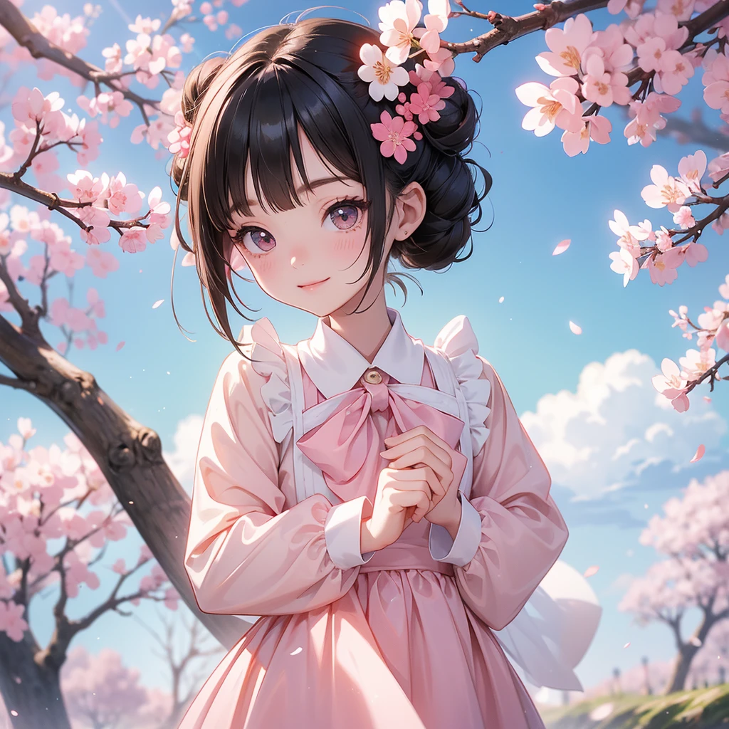 A chibi child girl had a small face and wearing a white little tourist priest’s outfit, a pair of big round eyes shone with curiosity about him. This child was so cute, her hair is black with buns on her hair. Small chibi , chibi baby, smiling , chibi. 

Stroll among the in the middle of cherry blossoms in full bloom, in the middle of cherry blossoms in full bloom, cherry blossoms falling, blowing to the ground, cherry blossoms scattered all over the ground,