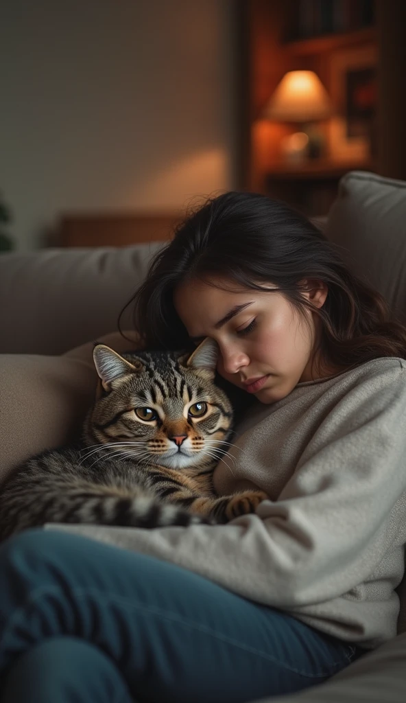 A cat snuggles up to its owner, who is feeling down, offering quiet comfort. The owner sits on the sofa, with the cat gently nestled beside them. The cat’s large eyes are full of kindness, trying to soothe the owner’s heart. The room is softly lit, creating a warm and comforting atmosphere.Realistic、4K.8k.Realistic cat and master