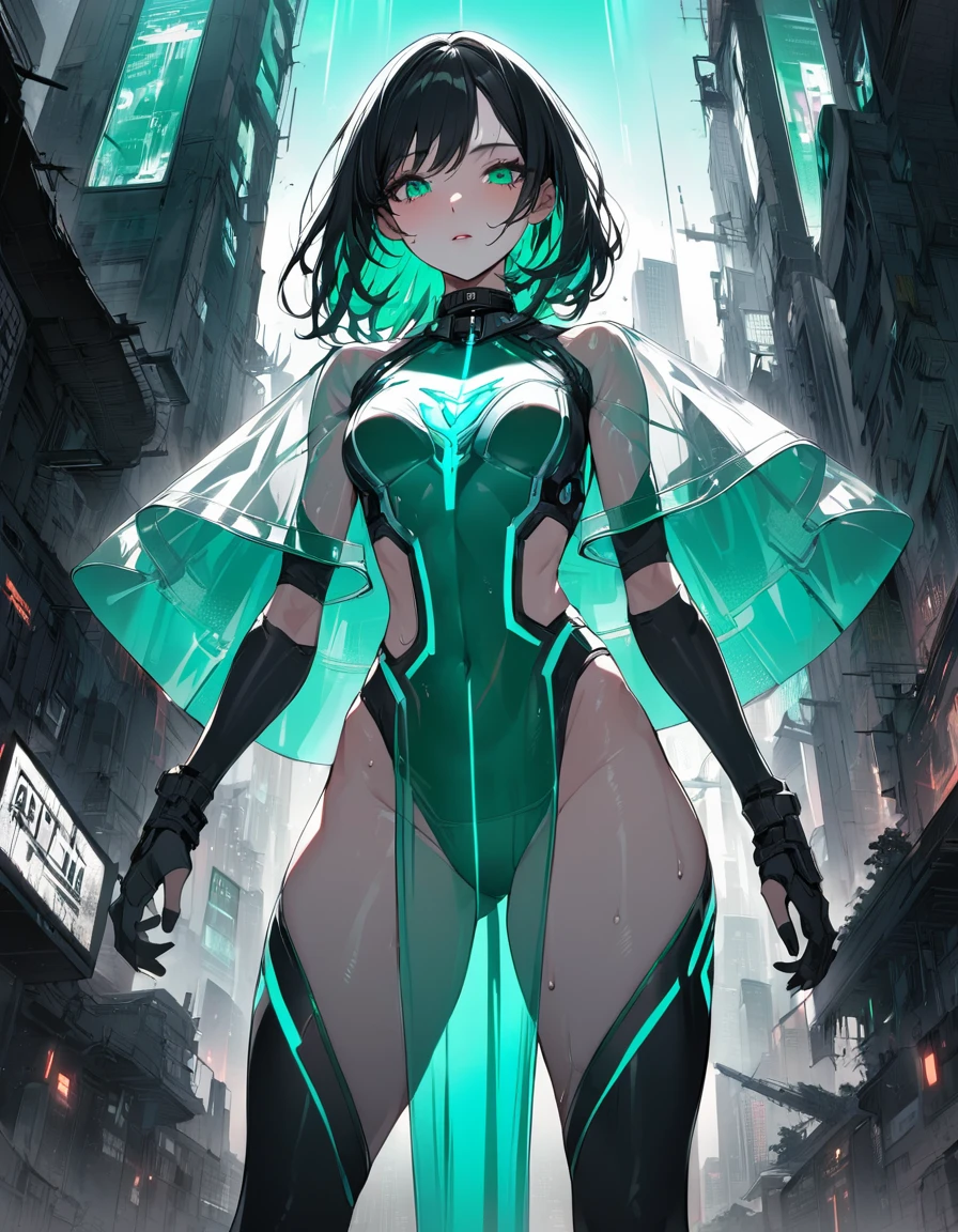 Monochrome Tiffany Blue, Highest quality, very detailed, delicate and dynamic, Three-dimensional effect expressed through light and shadow, Cyberpunk cityscape, Eye-catching effect, modern art, Low-Angle, cinematic angles, looking at the viewer with a love struck expression. Pretty woman in her 20s, young adult, mature girl, detailed face, detailed eyes, pouty lips, full lips, detailed sweaty skin, sweety, thick thighs, athletic female, lean, fit, tight figure, tall, emerald green eyes, waist length long black hair with emerald green inner hair. Part of the clothing is translucent, translucent parts has a slight illumination, bikini armour, bikini_armour, skimpy outfit, thigh highs, knee-high boots with high heels, choker collar, emerald green circlet, long transparent pelvic curtains, long transparent pelvic_curtain, emerald green skimpy powered exosuit, translucent large raincoat on top, open, standing in a contemplative pose amidst the neon-lit ruins, intimidating expression, textured digital art with muted tones and subtle ambient noise, detailed and intricate illustration, dystopian and gritty yet beautiful, a glimmer of hope in the decay, illuminated character, character lighting,