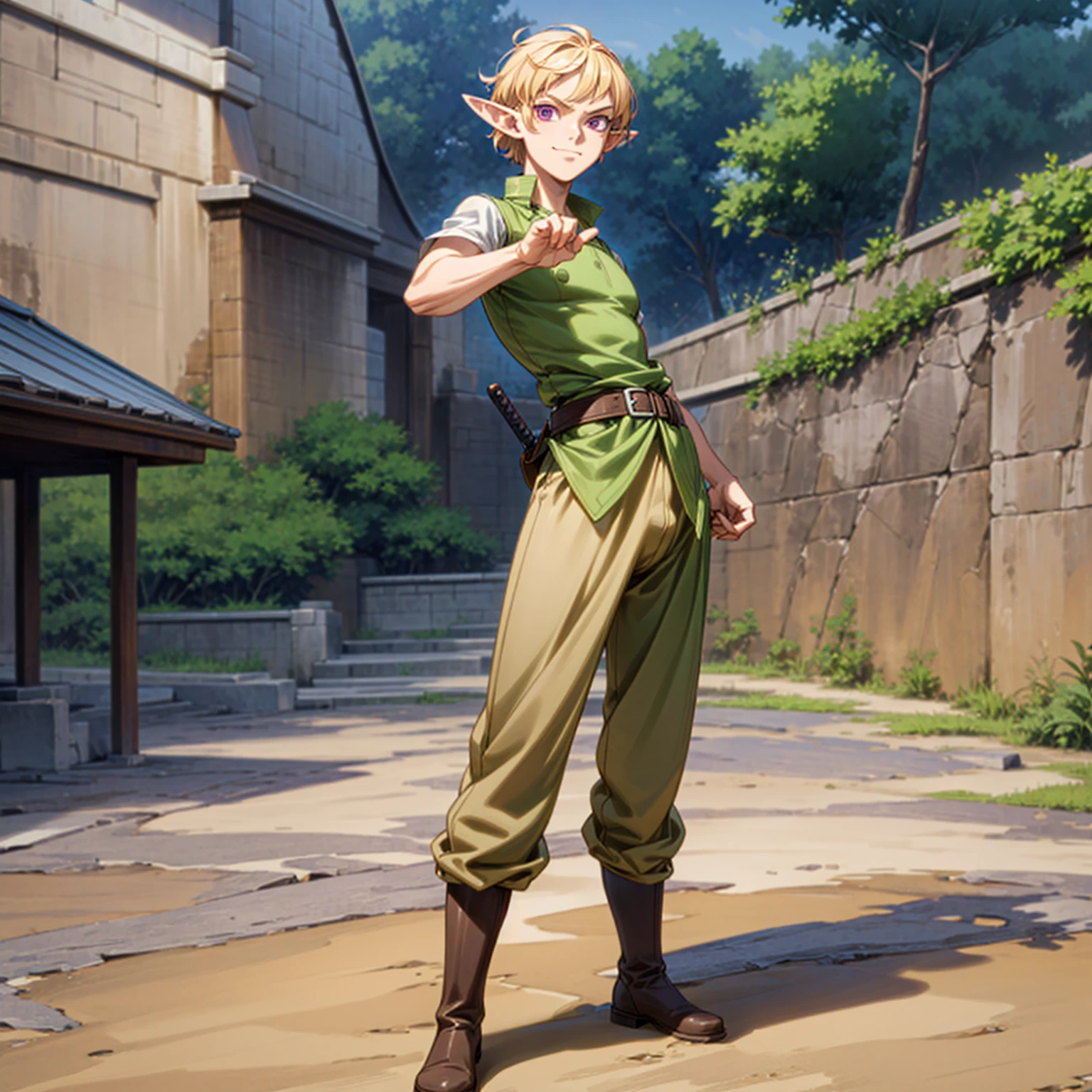 Solo character, full body version, young man, muscle, (elf), purple eyes, blonde color hair, Curly haircut, soldier clothing, long brown pants, boots, outdoor, town, detailed background, detailed clothing, detailed hair, muscle, standing gesture, (food wars style art, one piece style art), happy eyes, Sword in hand 