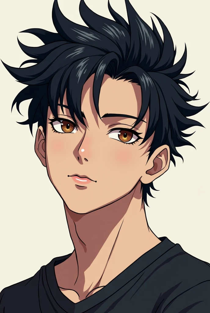 Generate an image of an extremely handsome boy having all spiked upwards raven black hair with only a single lock of hair hanging down his forehead, his hairstyle is exactly the same as Gohan and make his face very handsome and charming.