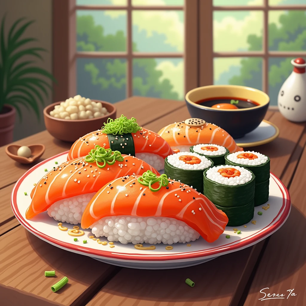 A plate of delicious salmon sushi and kimbap on the table,Japanese-style,Korean,Disney cartoon style
