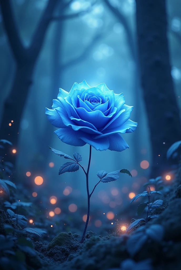 Official Art, unity 8k wallpaper, Super detailed, beautiful, masterpiece, Highest quality, (Realistic:1.2), Luminous Rose Dark Rose Forest High Definition CG Rendering. Rose Lane, A long blue rose floating on the ground, fire Fly, Bright ovule and lava crystal light effect, Blizzard style art trend, Magic light fog, Low light at night