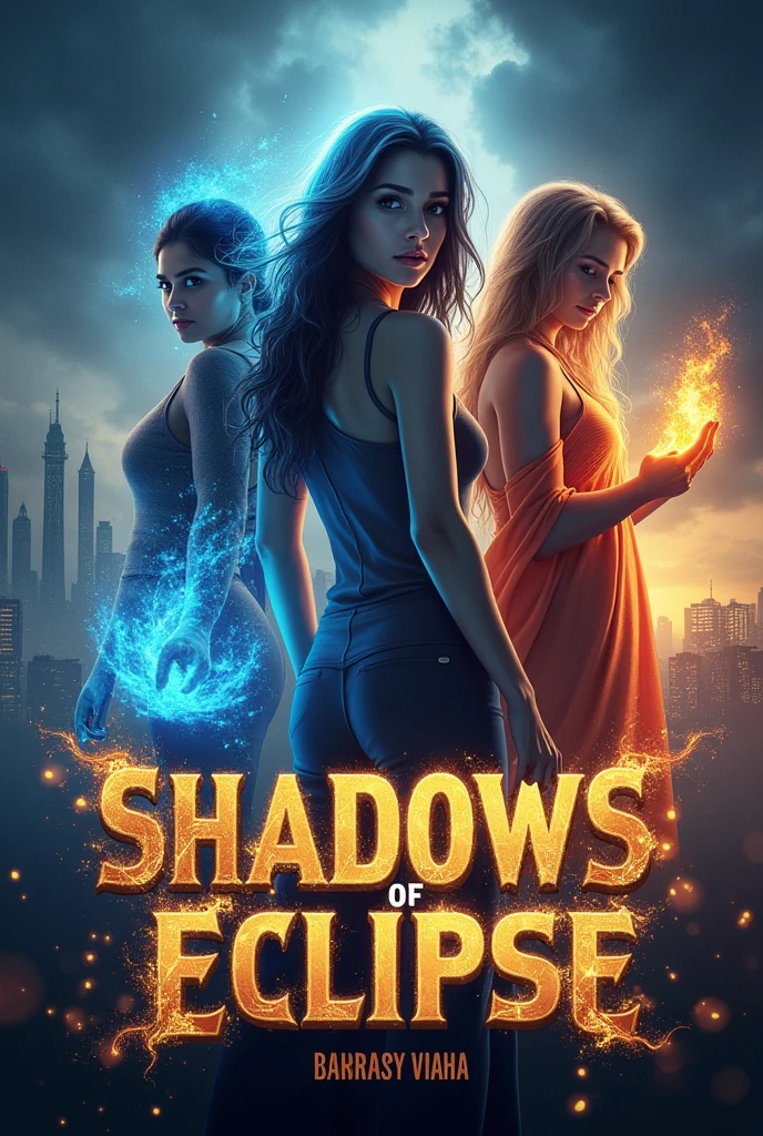 Create a dramatic and epic book cover for a superhero fantasy novel titled "Shadows of Eclipse." The cover should feature the following elements:
1. **Five Central Characters:**
- **आरोही मेहता (Aarohi Mehta):** Positioned center-right, with a serene expression and a glowing blue aura around her. She should appear calm and empathetic, with her eyes reflecting the power of controlling emotions.
- **सना कपूर (Sana Kapoor):** Center-left, depicted partially in shadow, with a dark, ethereal mist surrounding her. Her form should be mysterious and elusive, symbolizing her ability to become invisible in darkness.
- **दिया शर्मा (Diya Sharma):** Foreground, with vibrant flames surrounding her hands or body. Use bright reds and oranges to highlight her fire-controlling powers.
- **रिया देसाई (Riya Desai):** Background, with a swirling vortex of time around her, incorporating subtle clock faces or hourglasses to represent her time manipulation abilities.
- **मीरा अय्यर (Meera Iyer):** Slightly apart, with a glowing telepathic network around her head, featuring lines connecting her to the other characters, showcasing her mental powers.
2. **Background:**
- **Cityscape of Mumbai:** Dark, stormy clouds loom over a twilight cityscape, with dramatic lighting on parts of the city. The skyline should be recognizable but shrouded in darkness.
- **Ancient Dark Presence:** Subtle hints of the villain कालसुर (KalSur) in the background—shadowy, ominous shapes or a dark silhouette partially hidden in the stormy clouds, suggesting a looming threat.
3. **Title and Author’s Name:**
- **Title:** “महानायिकाएँ: शक्ति का जागरण” in bold, dynamic font at the top. Use colors that stand out against the dark background, such as glowing gold and silver.
- **Author’s Name:** Positioned at the bottom or top, in a complementary, less prominent font. Choose a color that contrasts with the background but does not overshadow the title.
4. **Color Scheme:**
- **Background Co