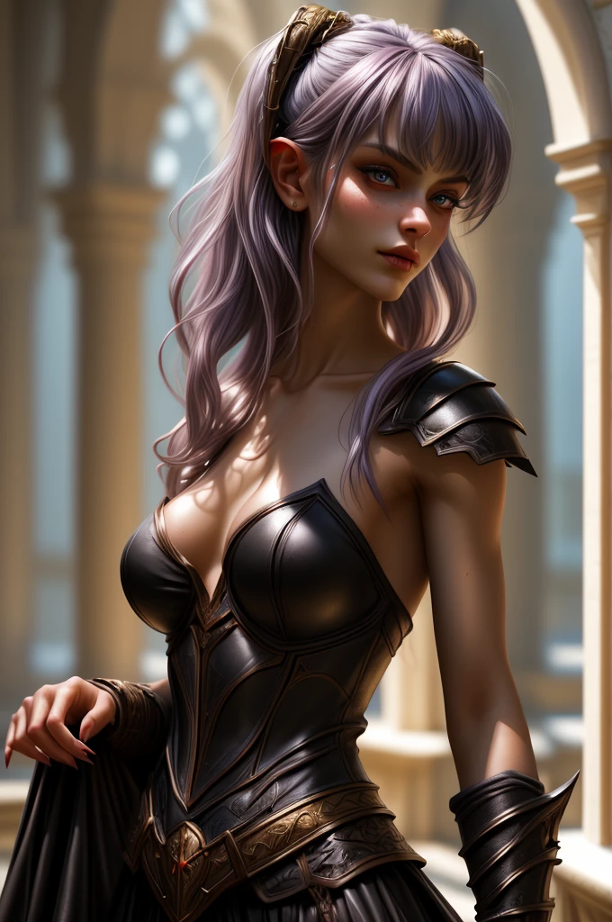 (best quality,4k,8k,highres,masterpiece:1.2),ultra-detailed,(realistic,photorealistic,photo-realistic:1.37),HDR,UHD, ((sabrina)), gnome, short stature, serious face, character, studio lighting,ultra-fine painting,sharp focus,physically-based rendering,extreme detail description,professional,(lavender hair), (gigantic breasts), short hair, rogue ((fantasy black leather armor)), long claws 1.1, long nails 1.1, frlgsabrina, (blunt bangs), black pantyhose, vivid colors,bokeh,portraits,soft colors,warm lighting,glowing skin,delicate features,expressive eyes,sensual lips,flawless complexion,subtle makeup,feminine posture,ethereal atmosphere,dreamy summer vibes,golden hour lighting,gentle breeze,warm sunlight,playful smile,graceful movement,seamless integration between subject and background,subtle texture,filmic aesthetic,romantic mood,elaborate hairstyles,graceful gestures,curve-hugging outfit,vibrant color palette,soft focus,romantic ambiance,inside chambers,stone architecture,beautifully adorned columns,timeless setting.