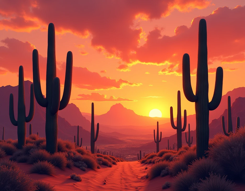 色彩鲜艳的Sunset in the desert景观与仙人掌，mexican desert，Beautiful vista with cactus，Sunset in the desert，新mexican desert背景，arizona desert，beautiful new mexico sunset，Petr Cactus Desert，Tranquil desert setting，Desert Scene，新mexican desert，Desert scenery，Burning red desert horizon，
