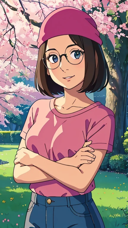 (1girl, solo, highly insanely detailed, masterpiece, top quality, best quality, highres, 4k, 8k, RAW photo),((innocent look)),((Childish)),From the front, symmetrical composition,smile,cute,Innocent,Kind eyes, kotonoha no niwa, park,flowers,lawn,trees, The Garden of Words, (meg), upper body, black eyes, short brown hair, glasses, pink hat, pink shirt, blue pants, 