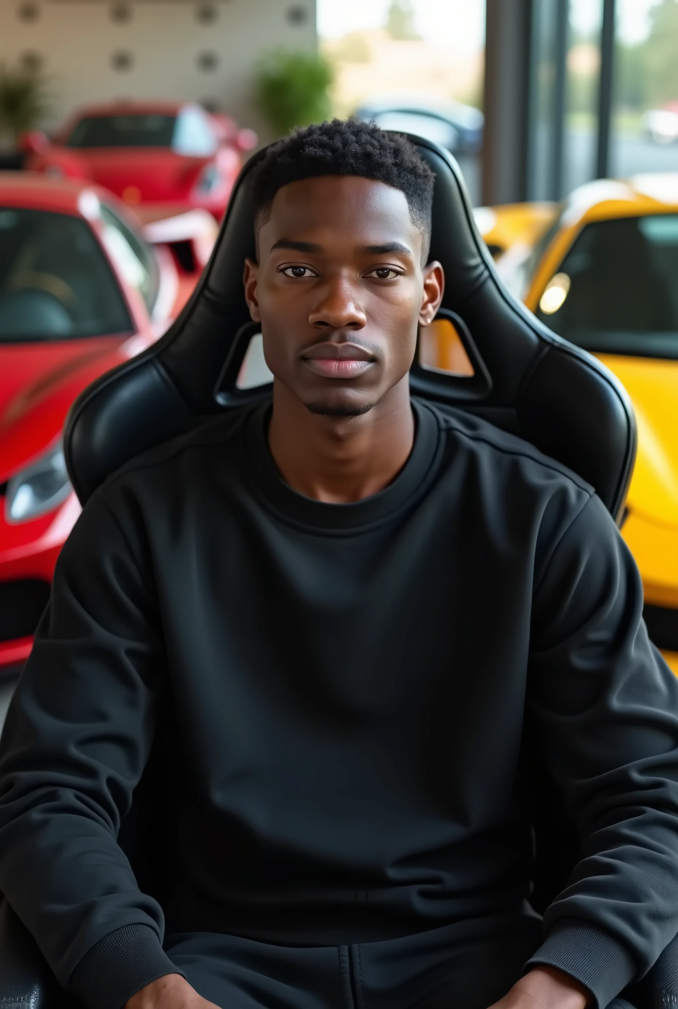 Young black man sitting in a gaming chair, with luxury cars with 2 Ferraris behind looking at the camera, front view of a young man; Make a boy of about 23 years old, realistic, he is black, he is wearing a black sweatshirt, short and straight hair. He is looking straight ahead, close to the camera lens.