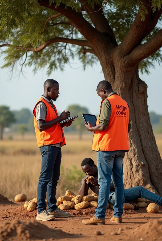 Two humanitarian aid workers "Men" "Data collectors wore vests and badges with Tablets of him lying under the tree eating dried cassava" The vests they wore had the name of their organization stamped on them "HELPCODE" with red color 
