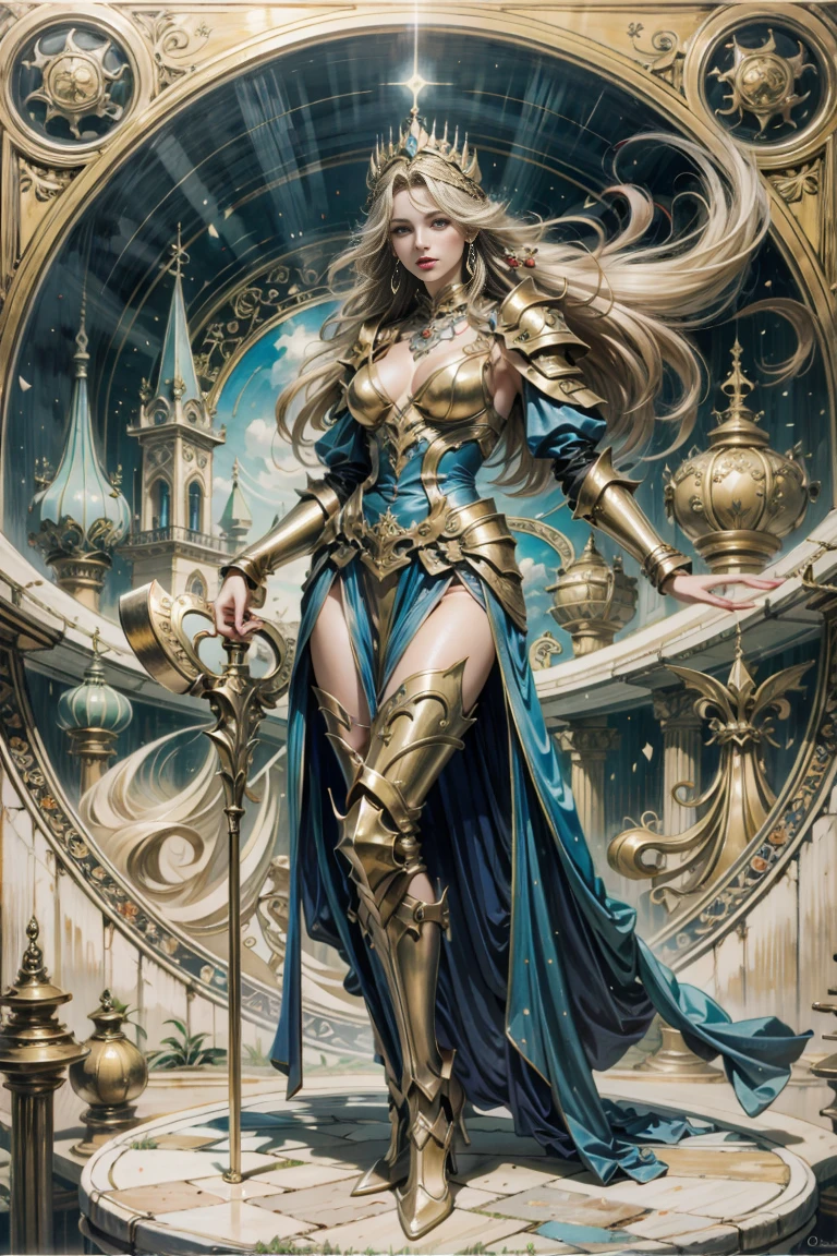best quality,4k,8k,highres,masterpiece:1.2,ultra-detailed,realistic:1.37,HDR,UHD,ultra-fine painting,sharp focus,physically-based rendering,extreme detail description,professional,art nouveau,tarot card style, (2characters), dynamic angle, dynamic pose, fierce expression, Full body,  paladin elf, blond hair, armor, shield and mace, grey tower on the background, Concept art inpired by Jean Giraud Moebius, The overall quality of the generated image is of the highest standard, with ultra-detailed visuals to bring this captivating composition to life. The artwork is reminiscent of a masterpiece, exhibiting the finest craftsmanship in the medium of digital illustration., Yoshitaka Amano style, fractalized, organic exoskeleton,glass exoskeleton,alien flora,(bioluminescent fungi),vivid colors,pale blue hues,trending on cgsociety,landscape,horror,sci-fi,concept artists,bright and vibrant colors,dreamy lighting
