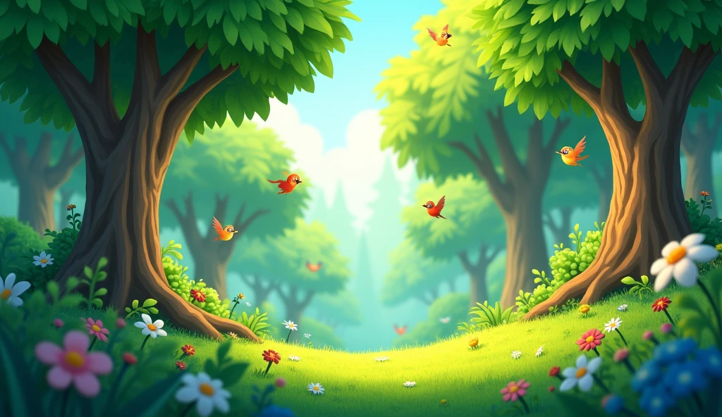 3d cartoon A dense forest with greenery and tall trees, with bright lights everywhere. There is soft green grass on the ground and birds are chirping in the background.