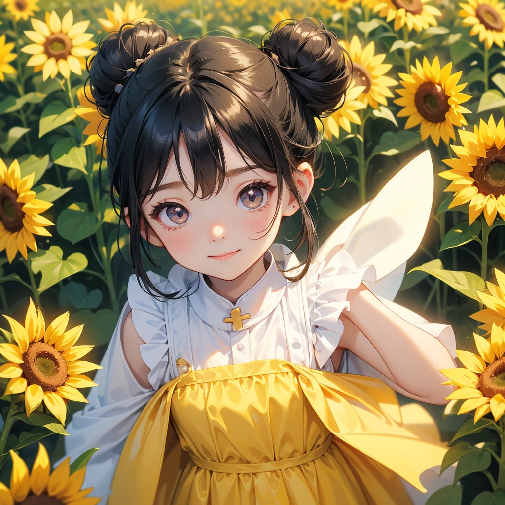 A chibi child girl had a small face and wearing a white little tourist priest’s outfit, a pair of big round eyes shone with curiosity about him. This child was so cute, her hair is black with buns on her hair. Small chibi , chibi baby, smiling , chibi.
Strolling among the sunflower fields Glowing yellow,