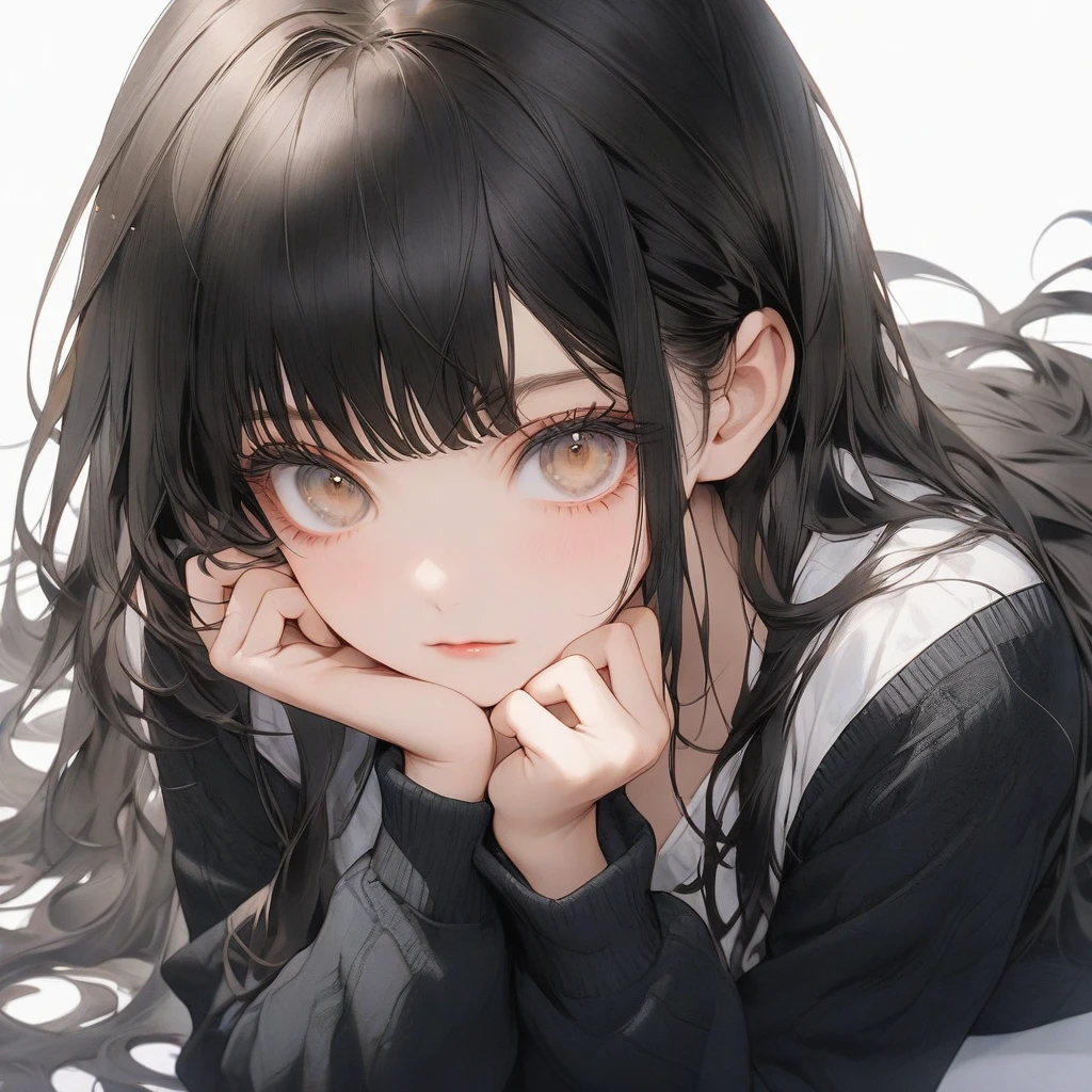 high resolution, Masterpiece, Anatomically correct, precise, qualityที่ดีที่สุด, quality, 1 woman, 0 years, very long hair, black hair, light brown eyes , A emotionless expression., simple background ,white shirt , black cardigan , Sharp eyes, An beautiful eyelashes , detailed eyes , full body , messy bangs,