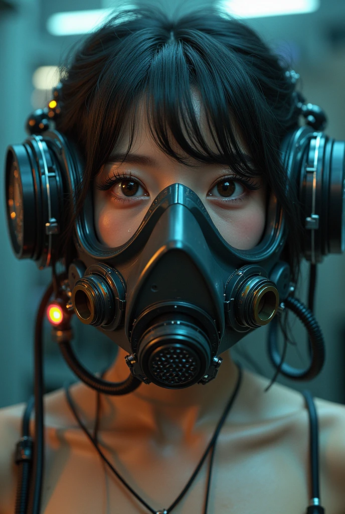 NFSW, photo-realistic, ultra-realistic, very beautiful Japanese, famous Japanese idol, 25 years old, Mixture of Japanese and Russian, (Her body is restrained at precision machine:1.3), latex BDSM, Vulgar, painful expressions, dramatic scene, masterpiece, beautiful eyes, (extremely intricated with extremely complex futuristic cyber punk mecha armored black latex full-face gas mask with neon sign:1.5), (The hose connected to the mask is connected to a vacuum pump for super powerful suction), (Her body is suctioned and ultimately deflated:1.5), (surprising expressions, crying), (extreme testing on a living person:1.5)