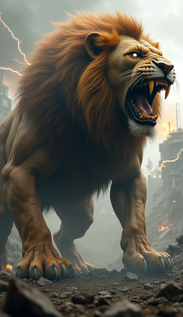 Lion and atom bomb hybrid production result, body shape lion, roaring and big teeth, body muscle