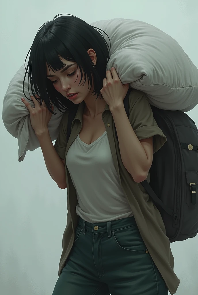A woman with a short black hair with a heavy burden problems carry back view with average body